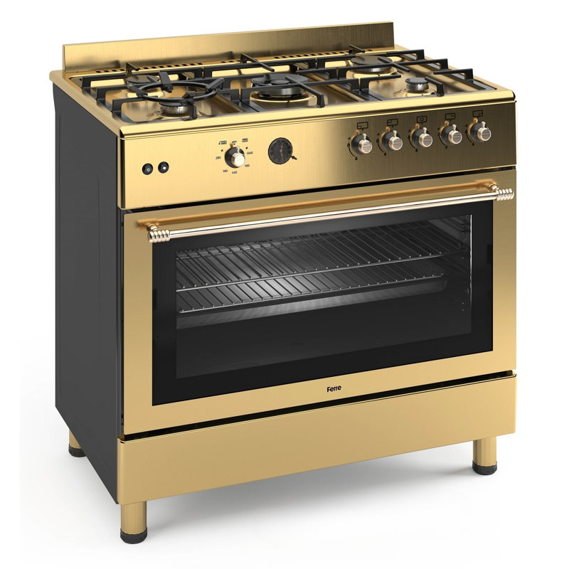 Ferre  90cm Gas Range Cooker With Double Turbo Fan & 5 Burner(1 Wok) Gas Hob - Gold