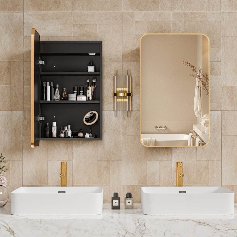  Recessed Bathroom Medicine Cabinet With Mirror And Adjustable Tempered Glass Shelves In Brushed Gold, 36"H x 24"W x 3.5"D
