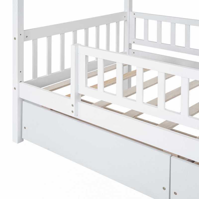 Lit en bois avec deux tiroirs, Simple, Blanc