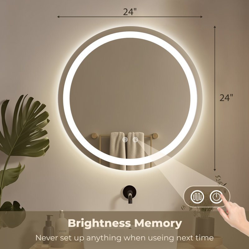 LED Bathroom Round Mirror with Light – Anti-Fog and Adjustable Color Lighting, 24" H x 24" W x 1" D