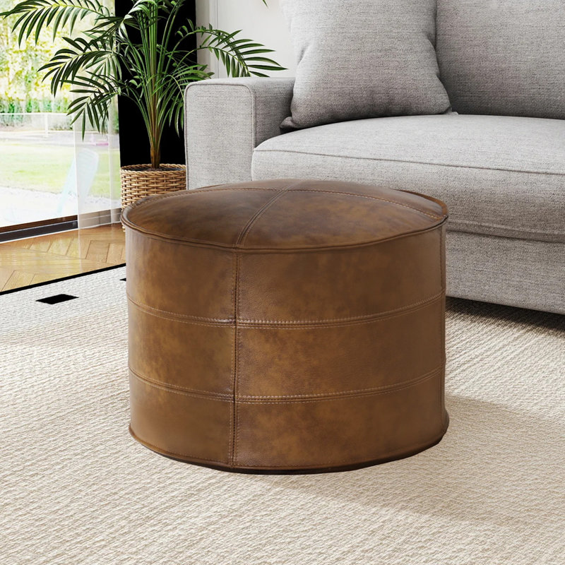 OEKO-TEX® STANDARD 100 Upholstered Footrest Pouf Full-Grain Genuine Leather Round Ottoman, Brown