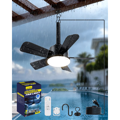 18 Inch Plug-In Outdoor Ceiling Fan with Light and Remote,IP65 Waterproof Hanging Fan Light with Hook,6 Speed,Reversible,3CCT,Dimmable,Portable Gazebo Fan for Patio,Canopy,Porch,Rv (Black)