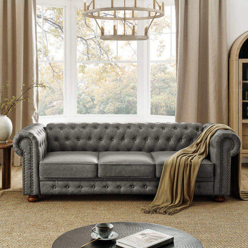 Chesterfield Sofa Tufted  Upholstered PU 3-Seater Sofa Scrolled Arms With Nailhead Decoration, DGY (88.5'X37'x28')