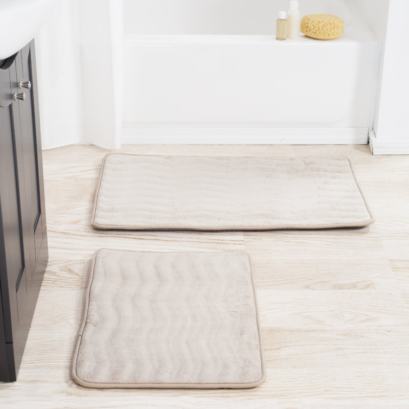 2 Piece Bathroom Rug Set - 32x20 Inch and 23x17 Inch Memory Foam Bath Mats with Textured Wave Print for Stylish Bathroom Decor - Bath Rugs Non Slip Washable Bathmats (Ivory)
