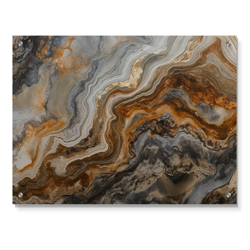 Or et gris, effet de marbre II - art mural acrylique abstrait en marbre, H 12 po x l 20 po