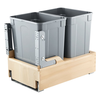 Poubelle coulissante en bois pour armoires de cuisine, 35 QT x2, double bac à déchets sous évier, contenant à déchets encastré, avec système de fermeture douce coulissant en métal robuste et ensemble de porte.