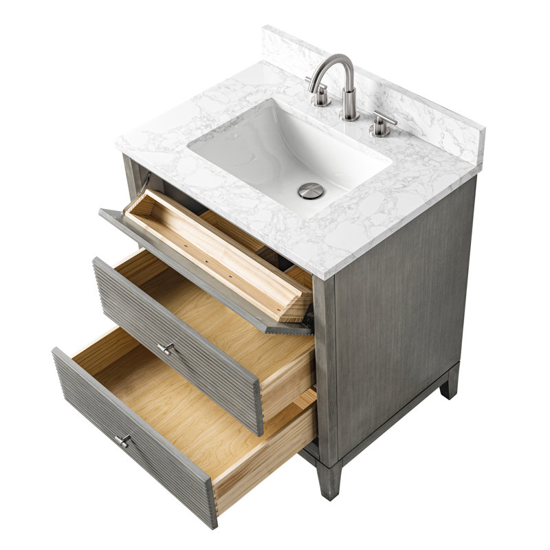 Meuble-lavabo autoportant à simple cuve 30 po avec plateau en marbre Caldwell, Nickel brossé, Gris bois flotté