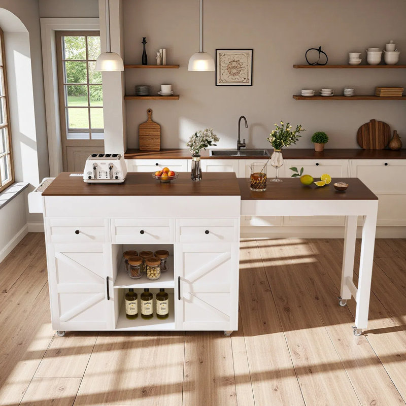 Kitchen Island With Extendable Table And Rolling Storage, Brown/White