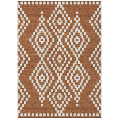 5' X 8' Terra Cotta And Ivory Geometric Washable Indoor Outdoor Area Rug