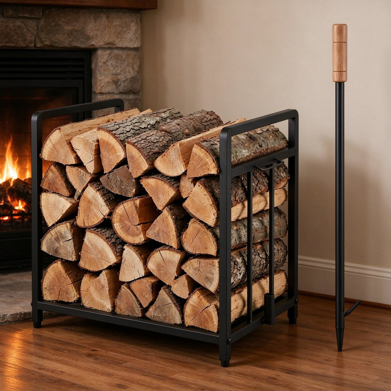 Compact Metal Firewood Log Holder, Freestanding Log Store Storage Rack Supplied with Fire Poker, Indoor and Outdoor Firewood Rack for Fireplaces and Gardens