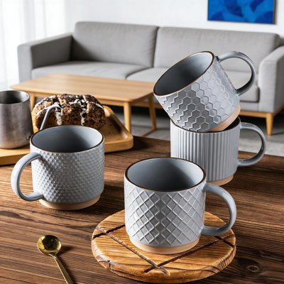 Ceramic Coffee Mugs Set Of 4, 12Oz Textured Modern Cups For Latte, Cappuccino, Tea, Dishwasher And Microwave Safe