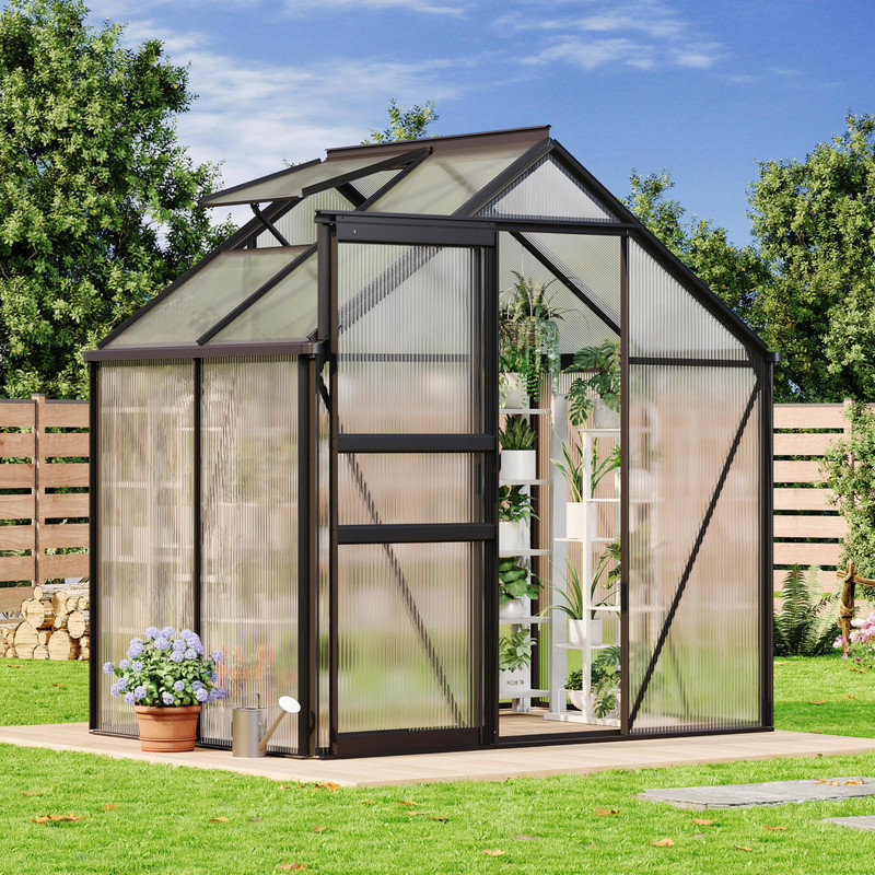 6x4 Ft Polycarbonate Greenhouse with Aluminum Frame & Roof Vent, Black
