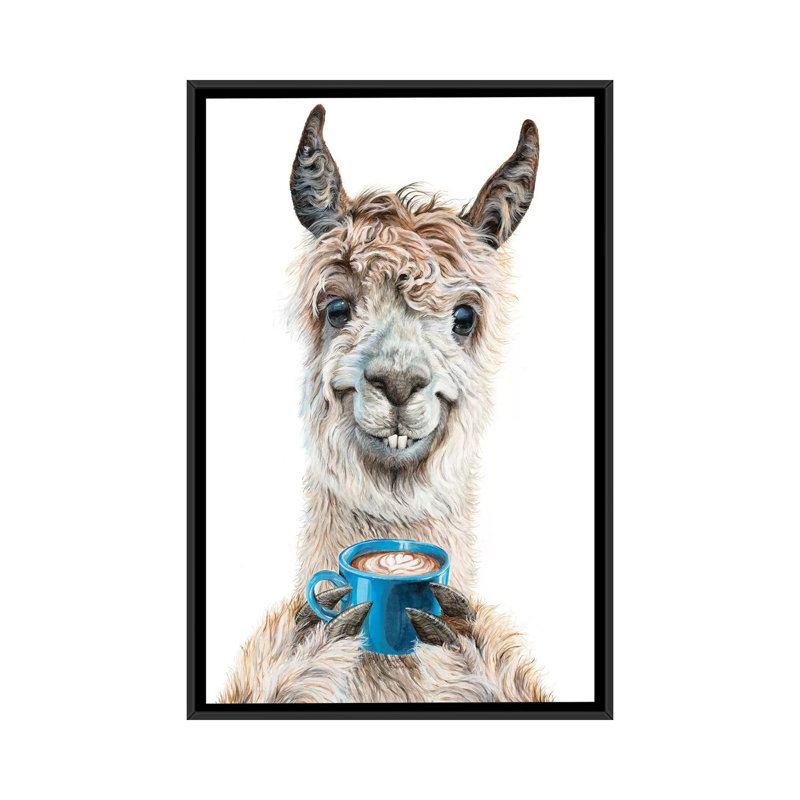 «Llama Latte» par Holly Surant - reproduction d'art, H 26 po x l 18 po x 1,5 po, Toile avec cadre noir, Pas de tapis