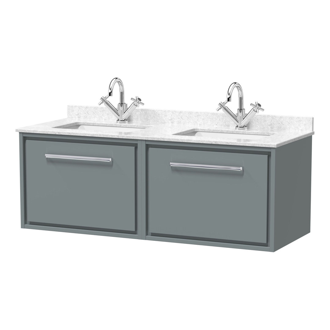 Hudson Reed Lille 1200mm Coastal Grey Woodgrain 2 Drawer Wall Hung Vanity With Twin Marble Basin