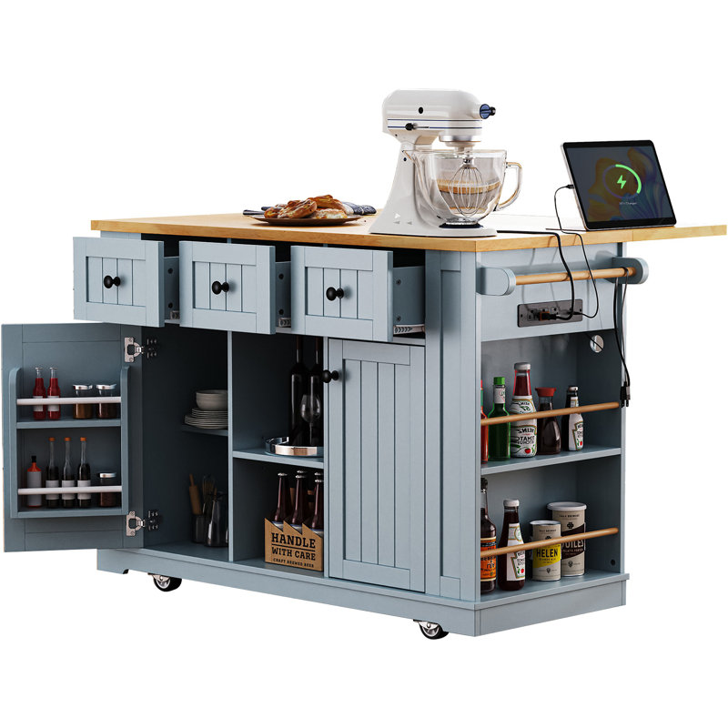 Grand îlot de cuisine de 53 pouces avec rallonge, prise de courant, support de rangement interne pour porte, chariot de cuisine sur roulettes sur 5 roulettes avec 5 supports latéraux ouverts pour la cuisine, la salle à manger, bleu gris (ne comprend pas les tabourets de bar)