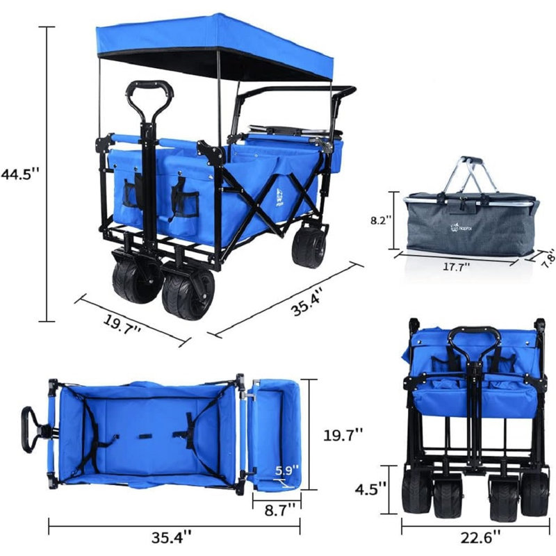 Chariot pliable avec roues, auvent et frein - capacité de 140 L - bleu, Bleu