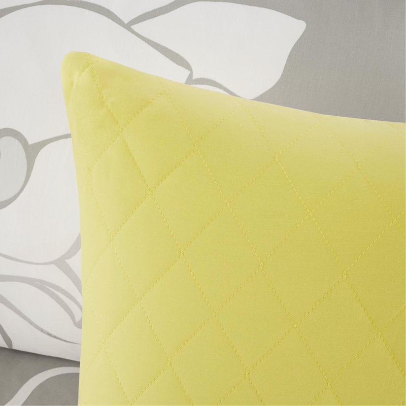 Édredon très grand imprimé en coton - gris taupe / jaune, 2 taies décoratives, literie en coton, rembourrage, coussins brodés