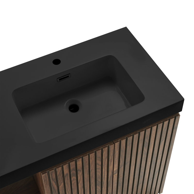 Meuble-lavabo de salle de bain contemporain Astra avec lavabo double et fabrication écologique, Noyer brun, Noir