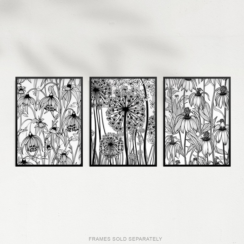 Elegant Fritillaria Allium Black White Flowers Wildflower - 3 Piece No Frame Print Set, 29.7cm H x 21cm W x 0.4cm D