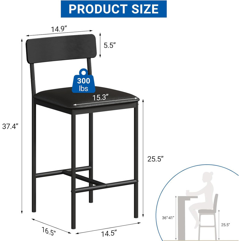Upholstered Counter Height Bar Stools With Backrest And Footrest, Kitchen Barstools For Island, Counter Bar, Easy Assembly