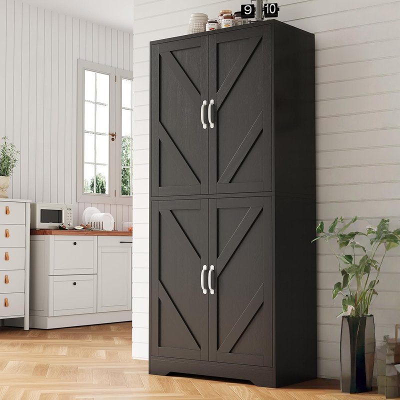 Large Farmhouse Kitchen Pantry Storage Cabinet with 4 Doors and 2 Adjustable Shelves Freestanding Cupboard for Dining Room and Living Room