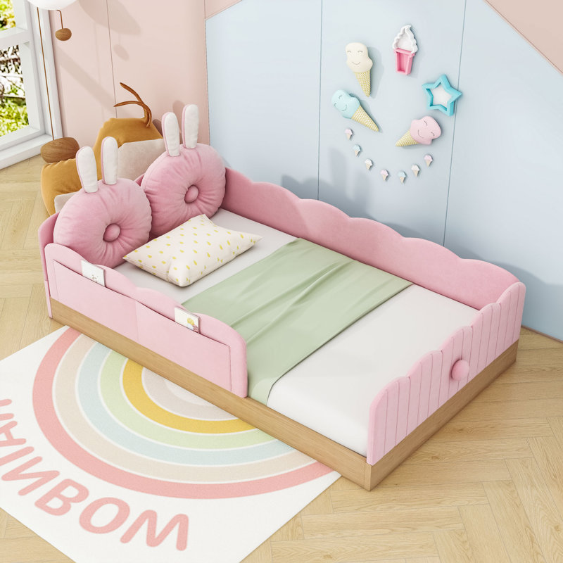 Lit plateforme tapissier avec sacs de rangement, Rose