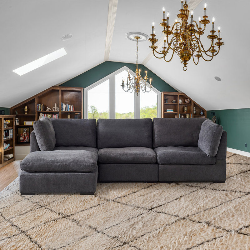 Eugenija 99"W Down Filled Modular Sectional, Dark Gray Polyester