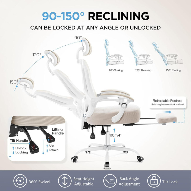 Cream Ergonomic Office Chair - High Back Mesh Chair With Footrest, 2D Adjustable Lumbar Support, Headrest & Spring Cushion (Reclining)