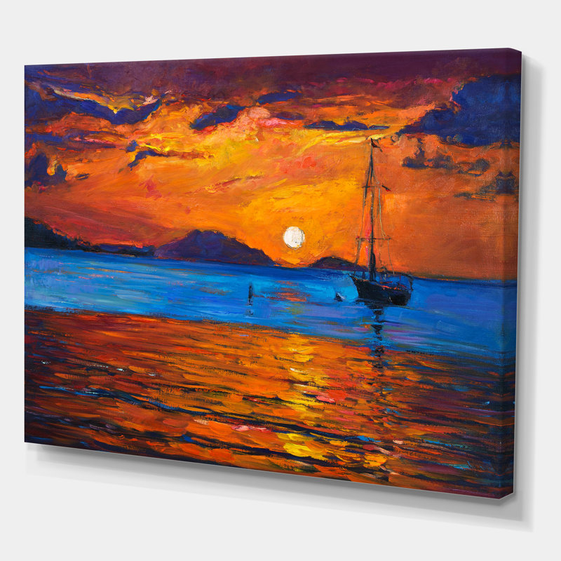 Bateau pendant la soirée, lueur au lac Ix - Peinture sur toile, H 12 po x l 20 po x p 1 po, Toile tendue