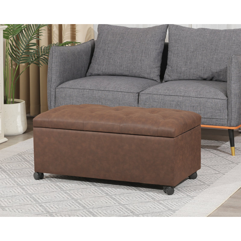 35.4” Rectangular Faux Leather Storage Ottoman Bench With Casters, Chocolate Brown