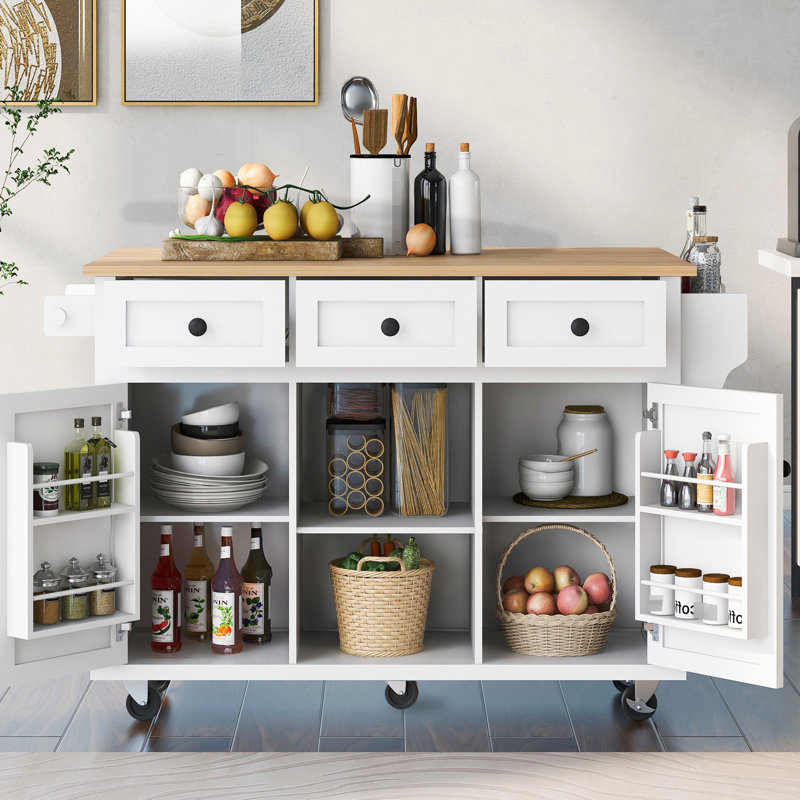 Drop Kitchen Cart With 3 Drawers, Internal Storage & Smooth Rolling Wheels, White Cabinet And Wheels, White