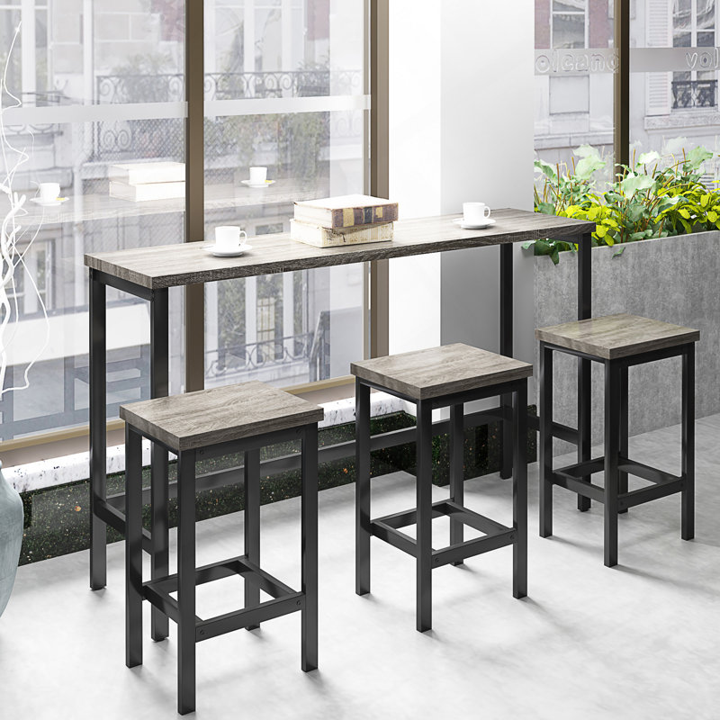 Keiera Modern Design Kitchen Dining Table, Pub Table, Long Dining Table Set with 3 Stools, Gray, Gray