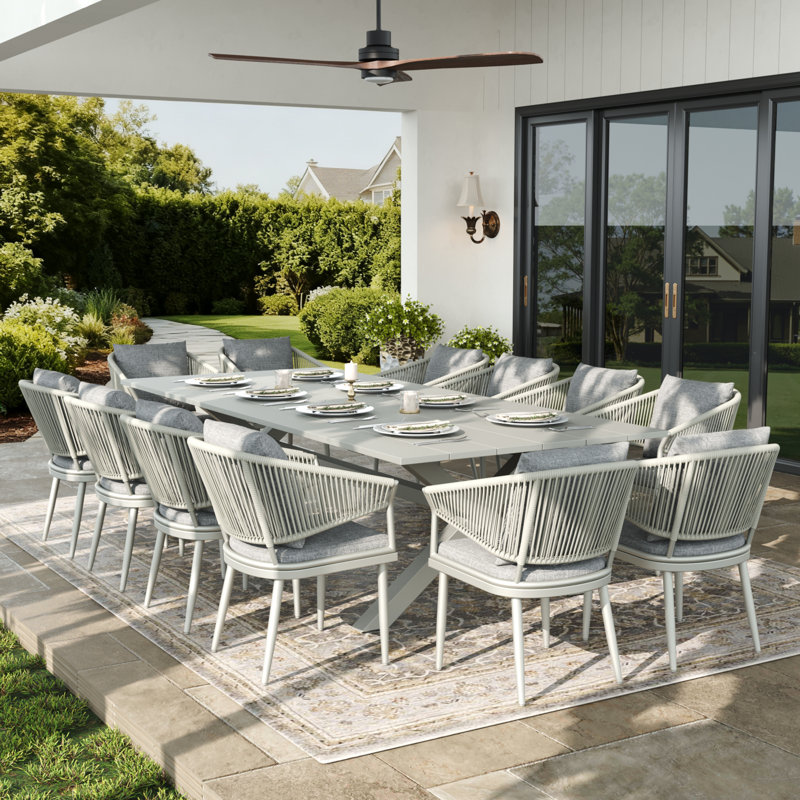 Rectangular Outdoor Dining Set With Cushions, 12, Light Grey Cushion/White Frame