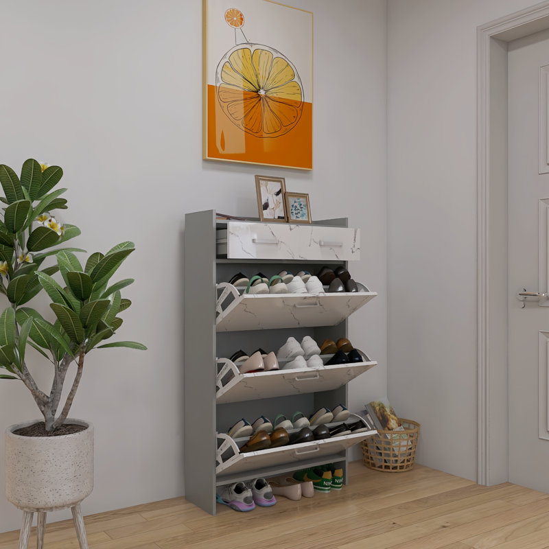 High Glossy Marble Doors Shoe Rack 3 Doors Shoe Cabinet With 2 Drawers