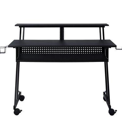 Black Keyboard Tray - Equipped Music Recording Desk For Office, Rectangular Computer Desk, 38h X 47w 28d Inches, Wood And Metal With Shelves Mobile Wh