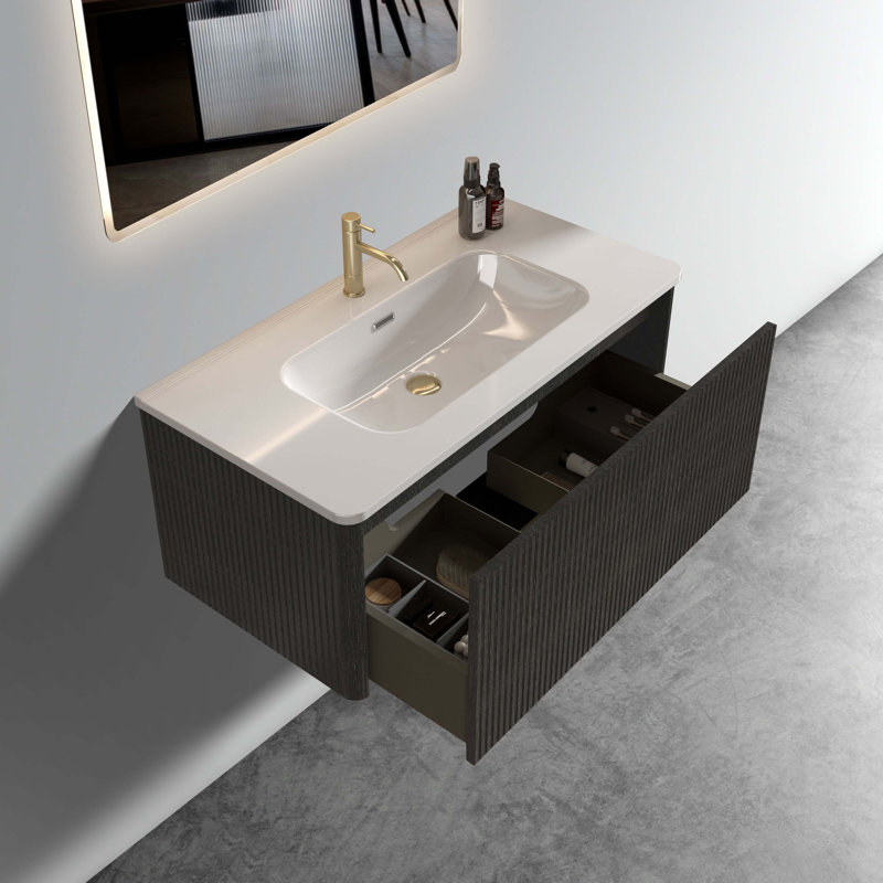 Meuble-lavabo flottant rayé en chêne noir 36 po avec lavabo en céramique blanche 36 po, Noir, noir, noir, noir