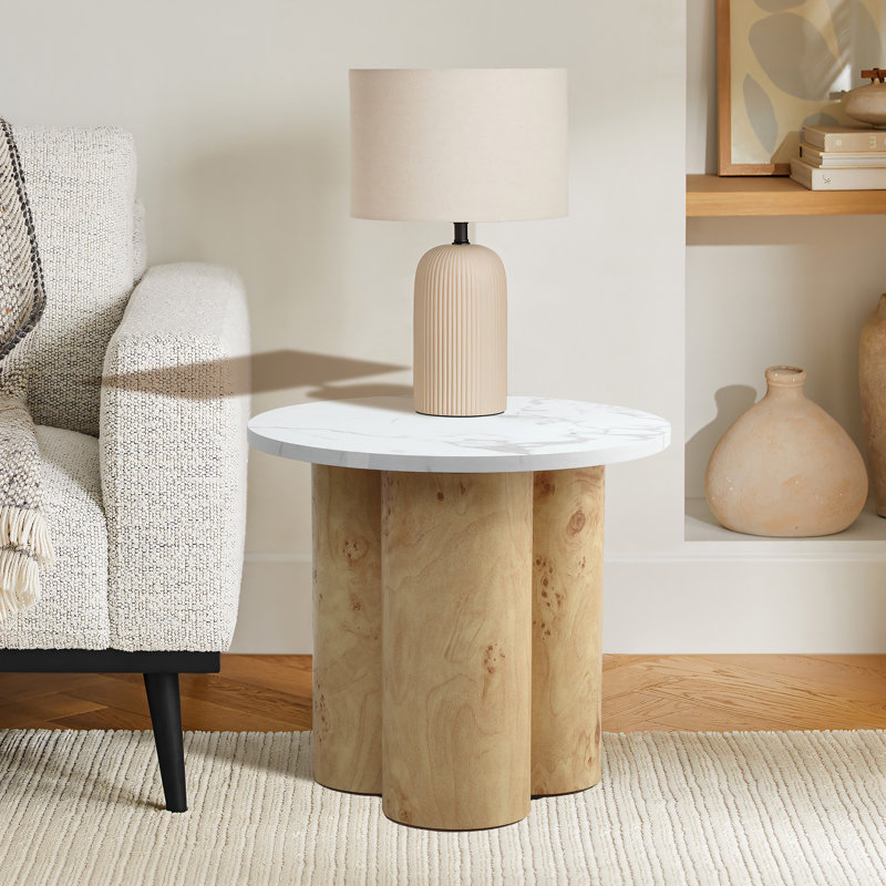 Table d'appoint 19,7 po à dessus rond en faux marbre avec base cylindrique en bois naturel