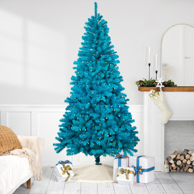 Pre-Lit Medium Artificial Pine Christmas Tree - Turquoise - Clear Lights, 7'