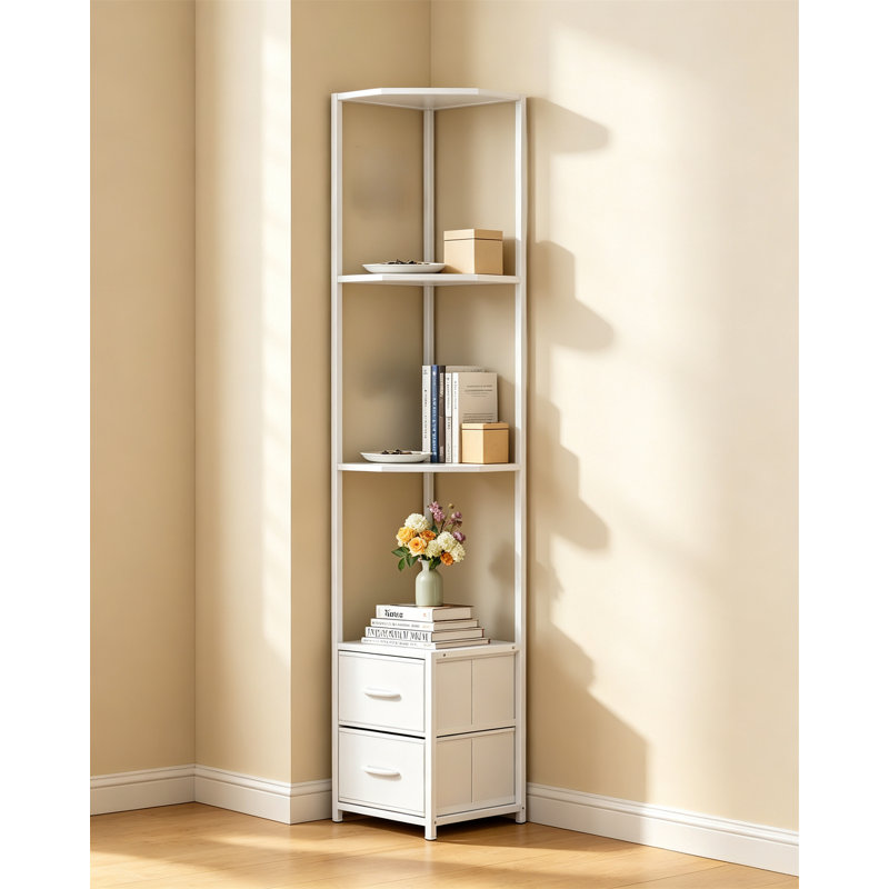 Corner Shelf, 6-Tier Corner Storage Rack with Storage Space and Fabric Drawer, White