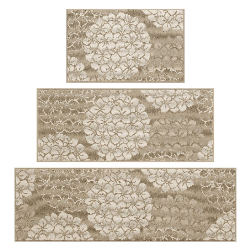 Hydrangea Wear-resistant Kitchen Mat Door Mat Washable Runner Rug (Set of 3), Beige