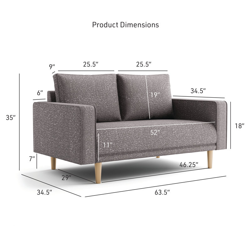 Celal Upholstered Loveseat, Gray, 35"H x 63.5"W x 34.5"D
