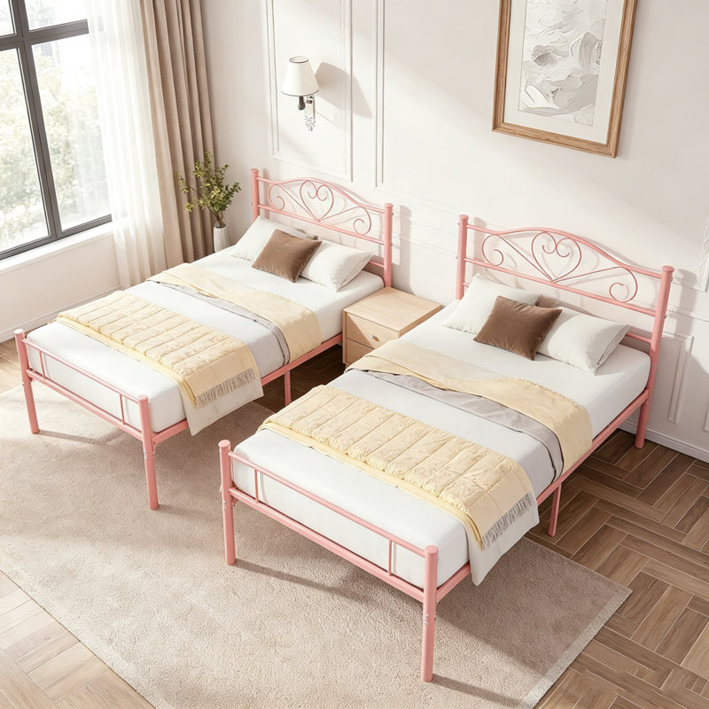 Single Size Metal Bed Frame with Heart Headboard, Modern Platform Bed with Footboard, Steel Slat Support, No Box Spring Needed, Easy Assembly (Set of 2)