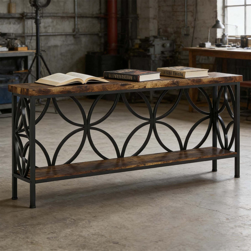 Console industrielle à 2 niveaux avec rangement abondant, parfaite pour les espaces étroits et la décoration moderne.
