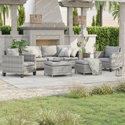 Patio Outdoor Furniture Set Rattan Coversation Seating Set Thickening Cushions With 3-Seater, Ottomans for Lawn, Poolside