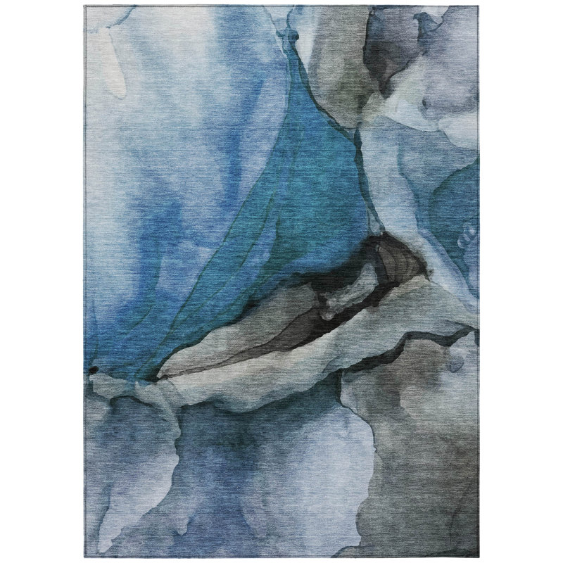 Machine Washable Indoor/Outdoor Xhevrie Blue Rug, Rectangle 5' x 7'6"