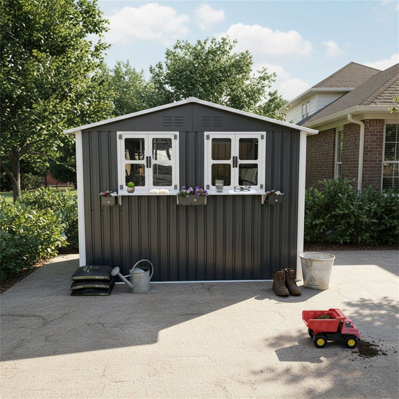 Abri de jardin en métal de 2,74 m x 1,83 m avec fenêtre et étagère à fleurs