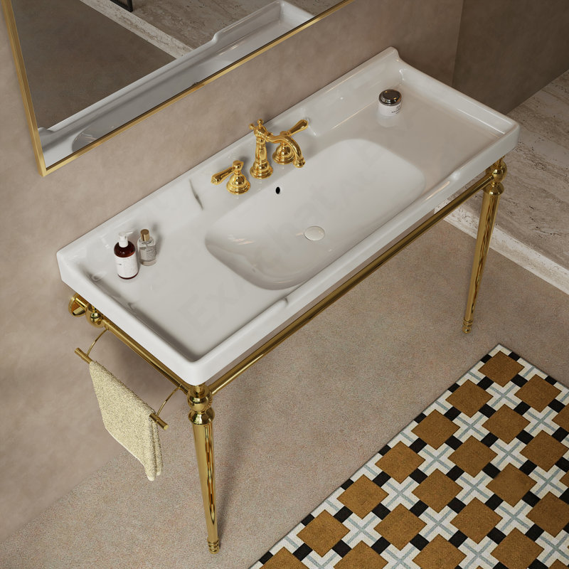 48" Bathroom Console Sink, Wall-Mounted White Ceramic Vanity Basin With 3 Pre-Drilled Faucet Holes, Freestanding Stainless Steel Support Legs With Towel Bar, No Faucet & Sink Cover, Gold Color