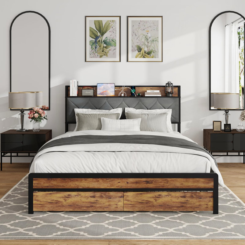 Metal Platform Bed Frame with Velvet Button-Tufted Headboard, 2 Storage Drawers, LED Light & USB Charging Port, Heavy Duty, Brown Wooden Panel, No Box Spring Needed