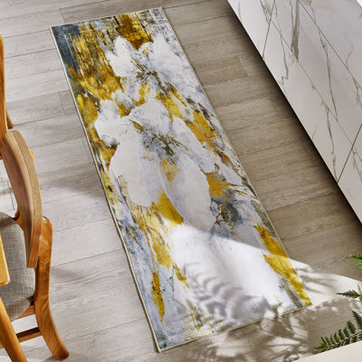 Katon Abstract Non-Slip Machine Washable Area Rug in Yellow/White/Grey for Living Room, Bedroom, Hallway Runner Indoor Rugs