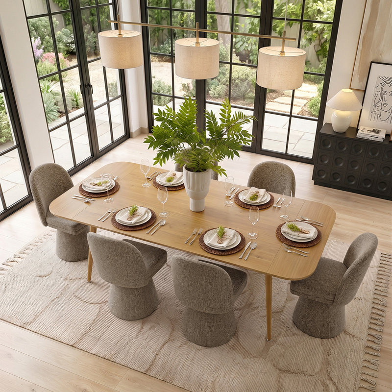 Ensemble de table de salle à manger pour 6 personnes avec table extensible et 6 chaises rembourrées en tissu Tweed, Brun